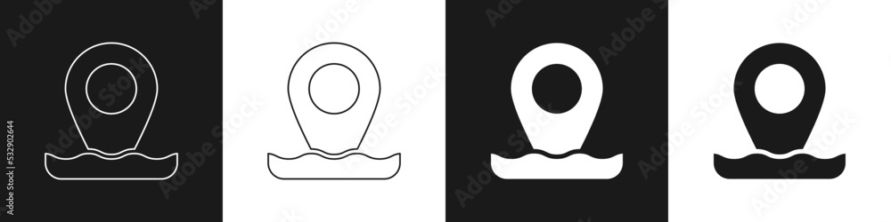 Set Location fishing icon isolated on black and white background. Fishing place. Vector Set Location fishing icon isolated on black and white background. Fishing place. Vector