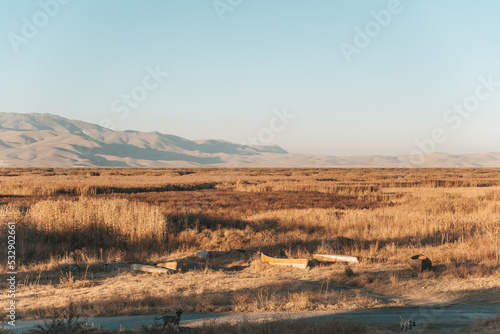 Old and abandoned wooden fishing boats on the dry lake