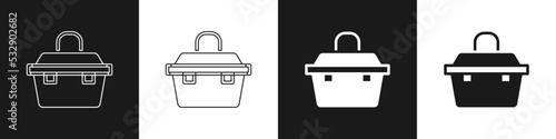 Set Case or box container for wobbler and gear fishing equipment icon isolated on black and white background. Fishing tackle. Vector
