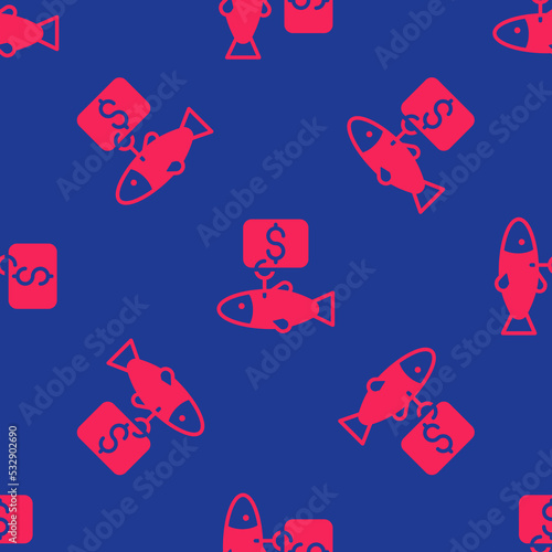 Red Price tag for fish icon isolated seamless pattern on blue background. Vector