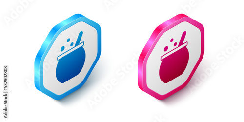 Isometric Halloween witch cauldron icon isolated on white background. Happy Halloween party. Hexagon button. Vector