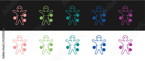 Set Voodoo doll icon isolated on black and white background. Happy Halloween party. Vector