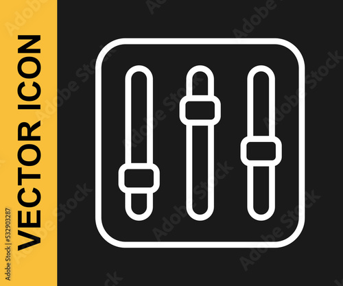 White line Sound mixer controller icon isolated on black background. Dj equipment slider buttons. Mixing console. Vector