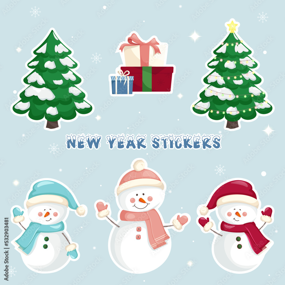 Winter stickers with snowmen, Christmas tree, gifts and snowflakes. Flat-style illustration, vector file.
