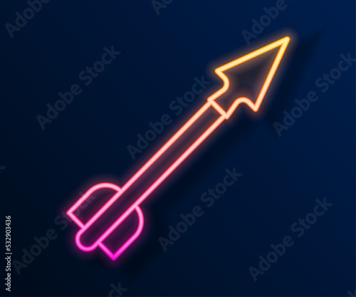 Glowing neon line Medieval arrow icon isolated on black background. Medieval weapon. Vector