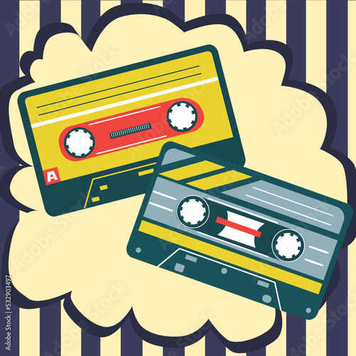 Retro cassette. Audio record. Listen to music. Stereo mixtape. Stripes and cloud shape. Old multimedia equipment. 80s musical disco poster. Mix tape technology. Vector illustration