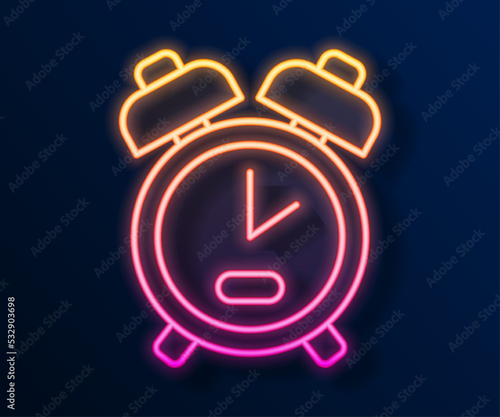 Glowing neon line Alarm clock icon isolated on black background. Wake up, get up concept. Time sign. Vector Glowing neon line Alarm clock icon isolated on black background. Wake up, get up concept. Time sign. Vector