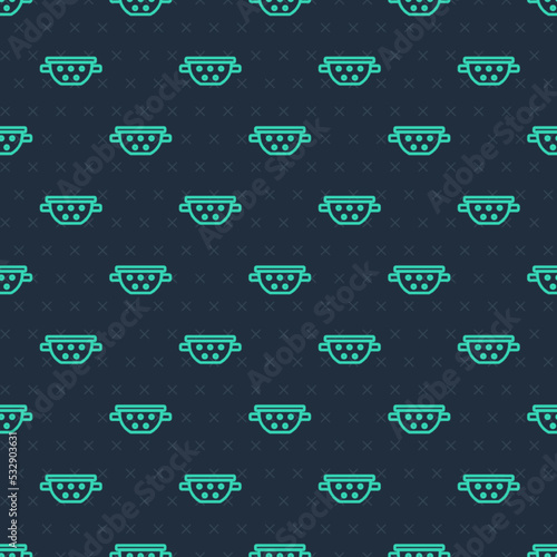 Green line Kitchen colander icon isolated seamless pattern on blue background. Cooking utensil. Cutlery sign. Vector