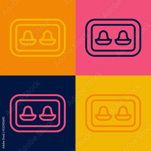 Pop art line Earplugs with storage box icon isolated on color background. Ear plug sign. Noise symbol. Sleeping quality concept. Vector