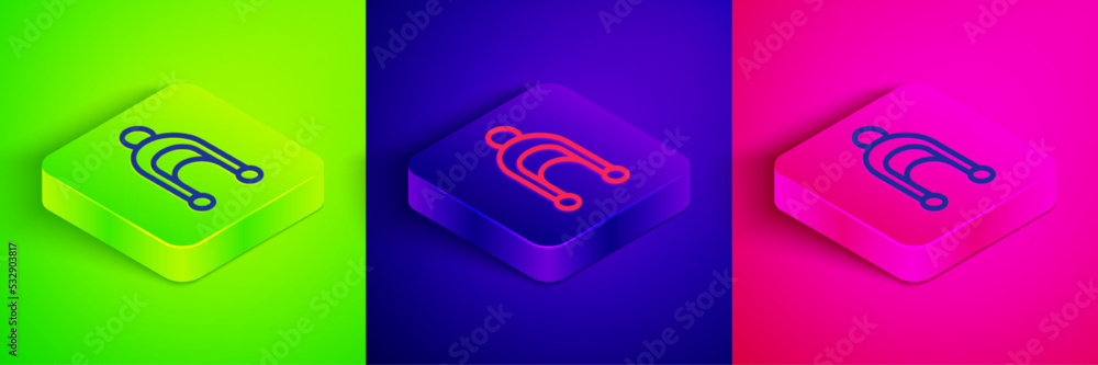 Isometric line Winter hat icon isolated on green, blue and pink background. Square button. Vector Isometric line Winter hat icon isolated on green, blue and pink background. Square button. Vector