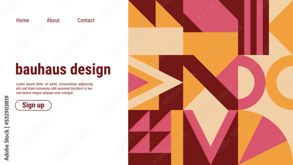 Bauhaus landing page. Geometric pattern. Abstract design. Website template. Colorful minimalist business web banner. Collage art. Geometry forms composition. Vector texture background