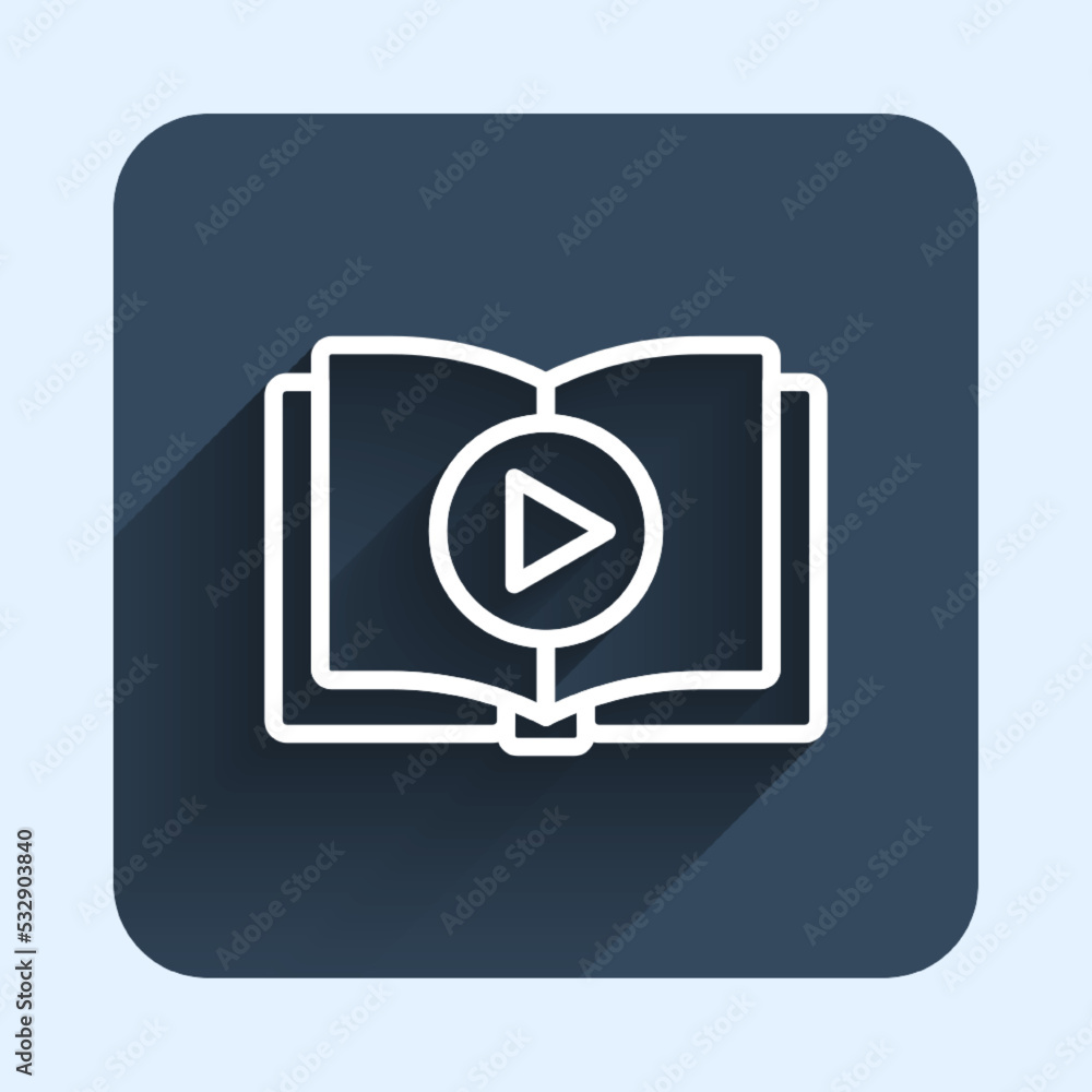 White line Audio book icon isolated with long shadow background. Play button and book. Audio guide sign. Online learning concept. Blue square button. Vector White line Audio book icon isolated with long shadow background. Play button and book. Audio guide sign. Online learning concept. Blue square button. Vector