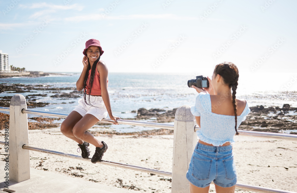 Friends on beach, professional photography with camera for social media and have fun outside together. Sand, sea and summer sun in nature as women relax with trip to the coast for mental health help