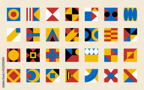 Abstract design forms. Geometric figures. Bauhaus funky art. Geometry tile module shapes. Basic collage compositions. Brutalism collection. Colorful elements. Vector illustration pattern