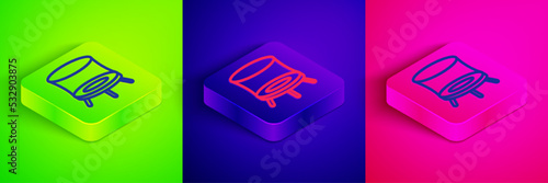 Isometric line Jumping trampoline icon isolated on green, blue and pink background. Square button. Vector