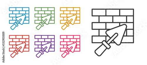 Set line Brick wall with trowel icon isolated on white background. Set icons colorful. Vector