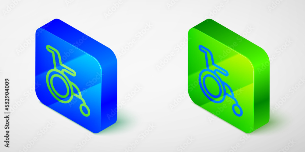Isometric line Wheelchair for disabled person icon isolated grey background. Blue and green square button. Vector Isometric line Wheelchair for disabled person icon isolated grey background. Blue and green square button. Vector