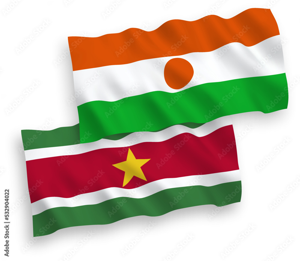 Obraz premium National vector fabric wave flags of Republic of the Niger and Republic of Suriname isolated on white background. 1 to 2 proportion.