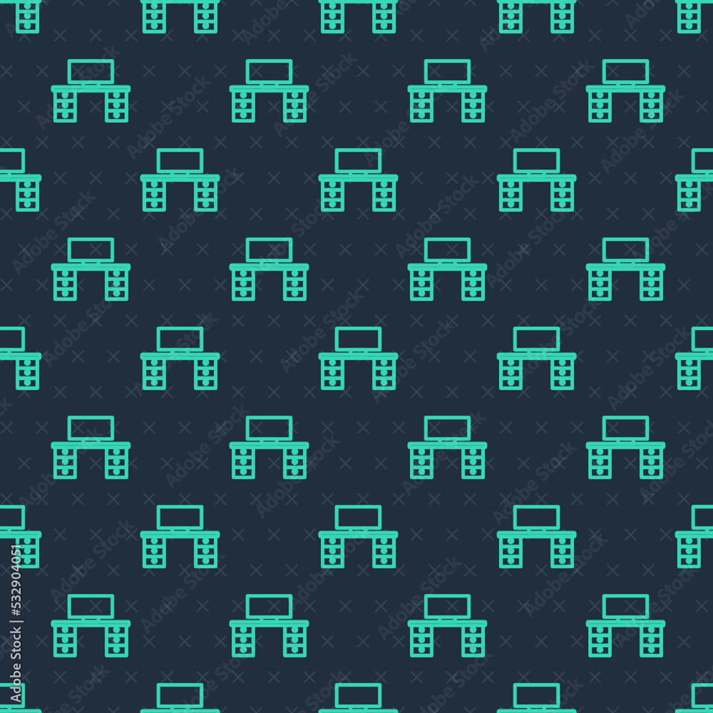 Green line Office desk icon isolated seamless pattern on blue background. Vector