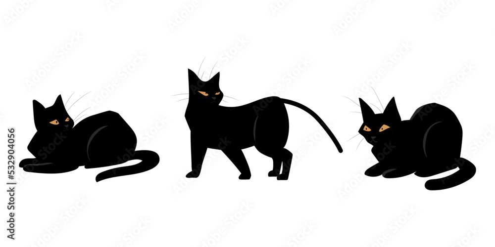 Black cats. Domestic animals poses and actions. Feline breed. Pets positions. Dark fluffy kitten lying or hunting. Walking and standing pussycat with yellow eyes. Vector kitties set