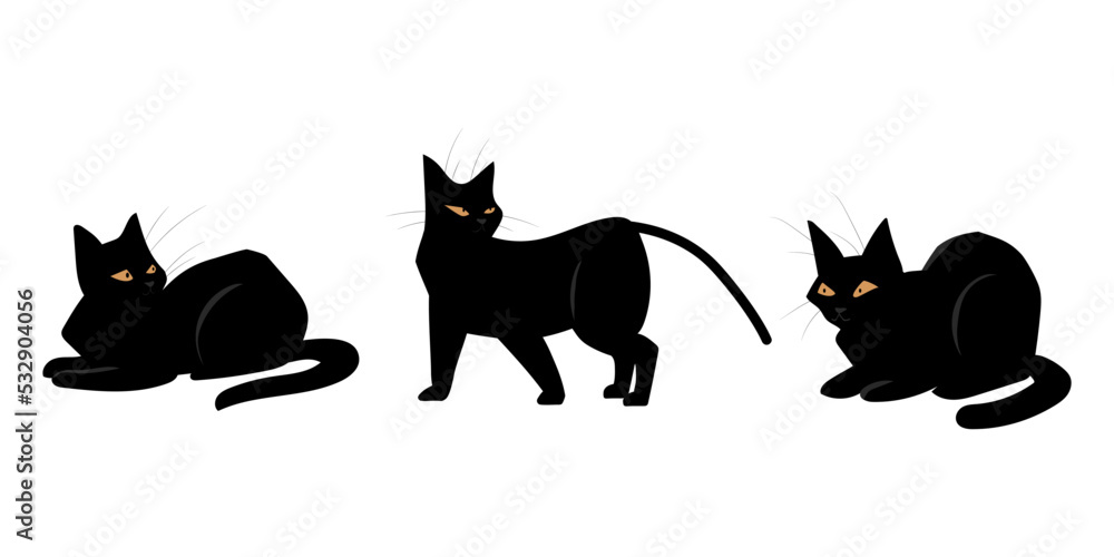 Obraz premium Black cats. Domestic animals poses and actions. Feline breed. Pets positions. Dark fluffy kitten lying or hunting. Walking and standing pussycat with yellow eyes. Vector kitties set