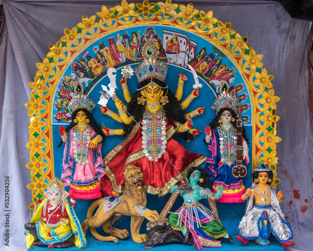 Colorful idol of Hindu Goddess Durga with use of selective focus