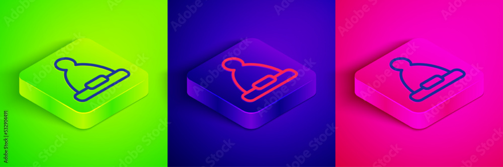 Isometric line Christmas Santa Claus hat icon isolated on green, blue and pink background. Merry Christmas and Happy New Year. Square button. Vector Isometric line Christmas Santa Claus hat icon isolated on green, blue and pink background. Merry Christmas and Happy New Year. Square button. Vector