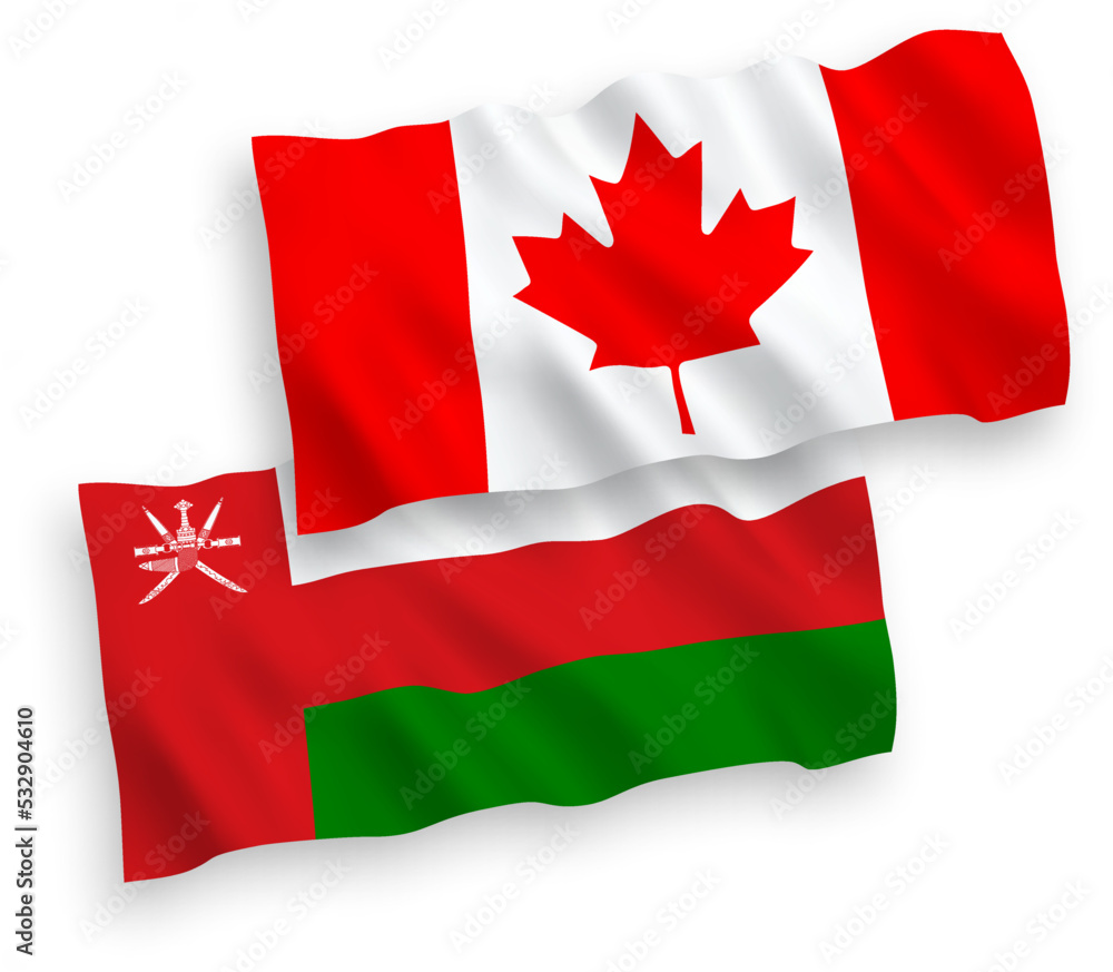 National vector fabric wave flags of Canada and Sultanate of Oman isolated on white background. 1 to 2 proportion. National vector fabric wave flags of Canada and Sultanate of Oman isolated on white background. 1 to 2 proportion.