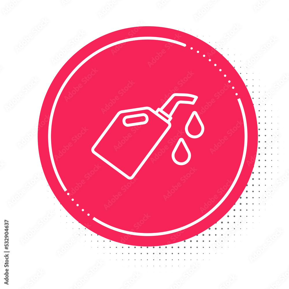 White line Canister for motor machine oil icon isolated on white background. Oil gallon. Oil change service and repair. Red circle button. Vector White line Canister for motor machine oil icon isolated on white background. Oil gallon. Oil change service and repair. Red circle button. Vector