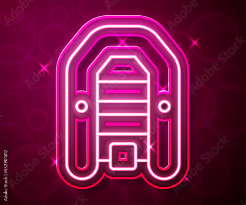Glowing neon line Inflatable boat with outboard motor icon isolated on red background. Vector