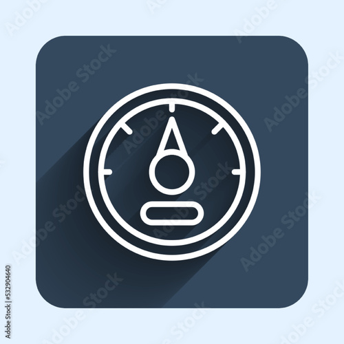White line Motor gas gauge icon isolated with long shadow background. Empty fuel meter. Full tank indication. Blue square button. Vector