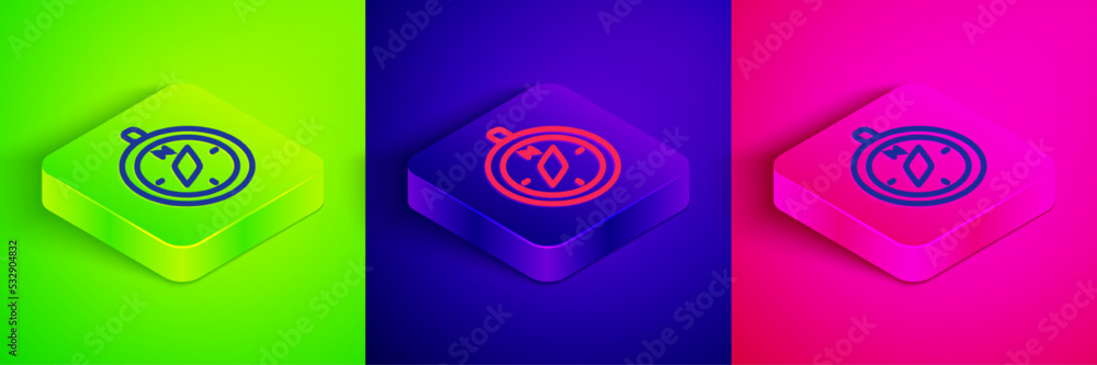 Isometric line Compass icon isolated on green, blue and pink background. Windrose navigation symbol. Wind rose sign. Square button. Vector Isometric line Compass icon isolated on green, blue and pink background. Windrose navigation symbol. Wind rose sign. Square button. Vector
