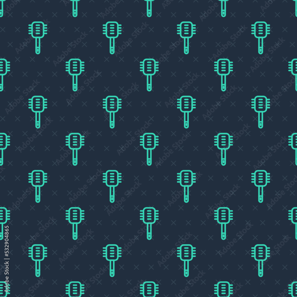 Green line Toilet brush icon isolated seamless pattern on blue background. Cleaning service concept. Vector