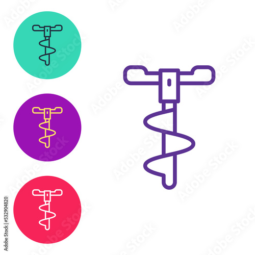 Set line Hand ice drill for winter fishing icon isolated on white background. Set icons colorful. Vector