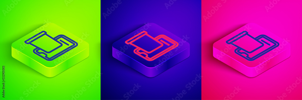 Isometric line Food ordering on mobile icon isolated on green, blue and pink background. Order by mobile phone. Restaurant food delivery concept. Square button. Vector Isometric line Food ordering on mobile icon isolated on green, blue and pink background. Order by mobile phone. Restaurant food delivery concept. Square button. Vector