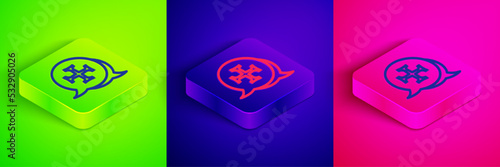 Isometric line Crusade icon isolated on green, blue and pink background. Square button. Vector