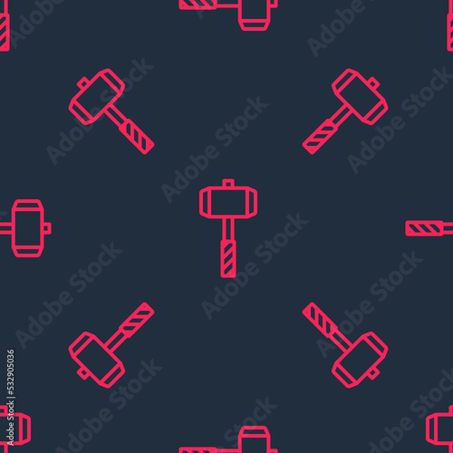 Red line Medieval battle hammer icon isolated seamless pattern on black background. Vector