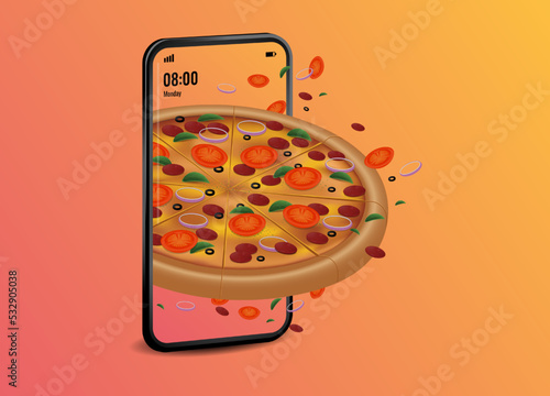 Vector illustration of pizza mobile online delivery service. mobile for order, pizza icon for transportation. online fast food. pink background