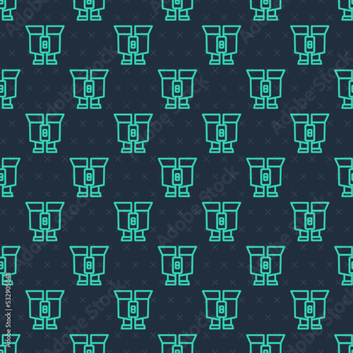 Green line Binoculars icon isolated seamless pattern on blue background. Find software sign. Spy equipment symbol. Vector