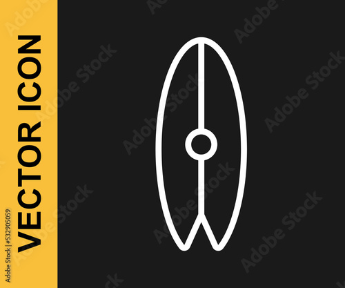 White line Surfboard icon isolated on black background. Surfing board. Extreme sport. Sport equipment. Vector