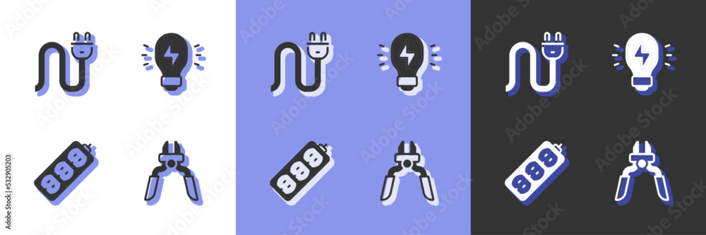 Set Pliers tool, Electric plug, extension and Creative lamp light idea icon. Vector