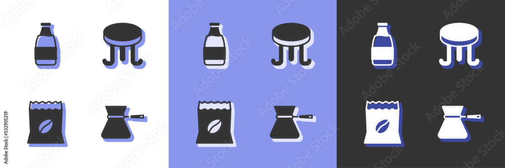 Set Coffee turk, Milk bottle, Bag coffee beans and table icon. Vector Set Coffee turk, Milk bottle, Bag coffee beans and table icon. Vector