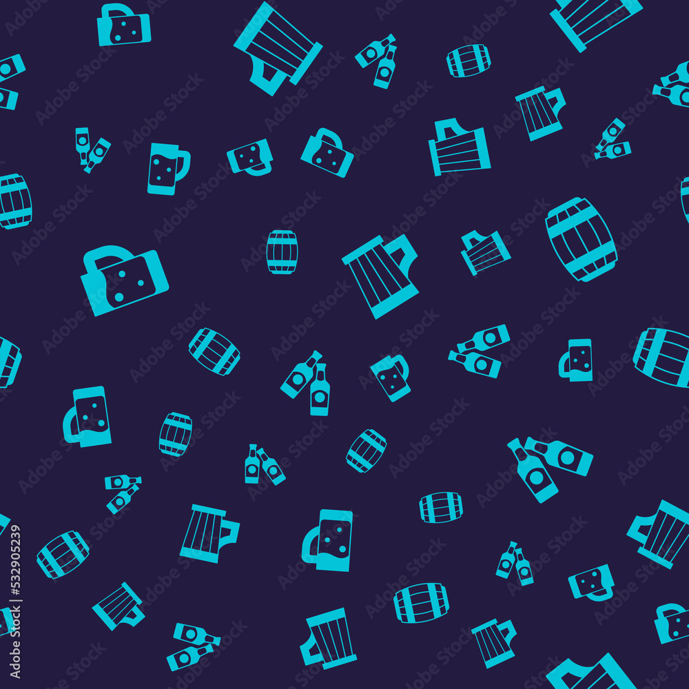 Set Glass of beer, Wooden barrel, mug and Beer bottle on seamless pattern. Vector Set Glass of beer, Wooden barrel, mug and Beer bottle on seamless pattern. Vector