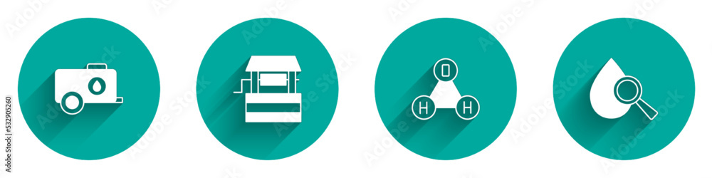 Set Mobile water tank, Well, Chemical formula H2O and Drop and magnifying glass icon with long shadow. Vector