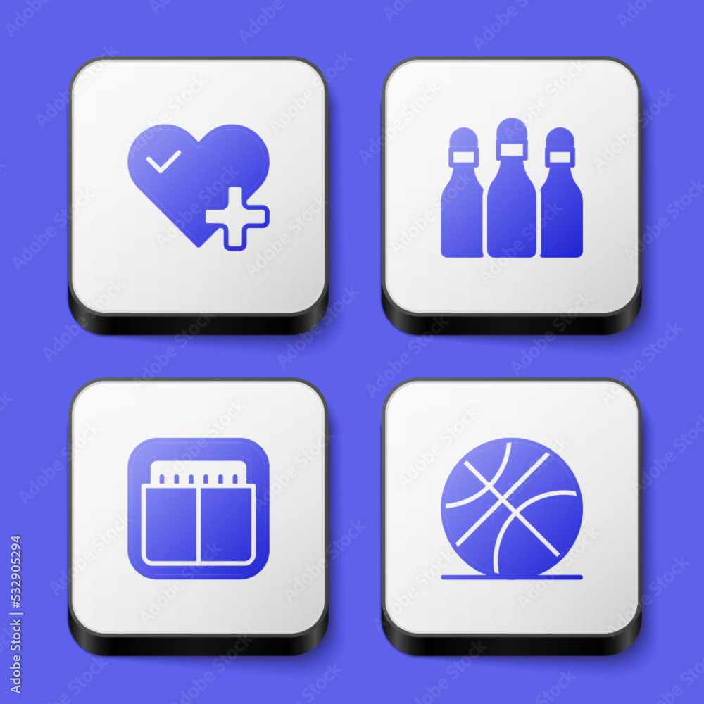 Set Heart rate, Bowling pin, Sport mechanical scoreboard and Basketball ball icon. White square button. Vector