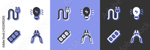 Set Pliers tool, Electric plug, extension and Creative lamp light idea icon. Vector