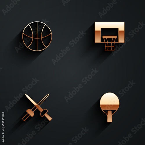 Set Basketball ball, backboard, Fencing and Racket icon with long shadow. Vector