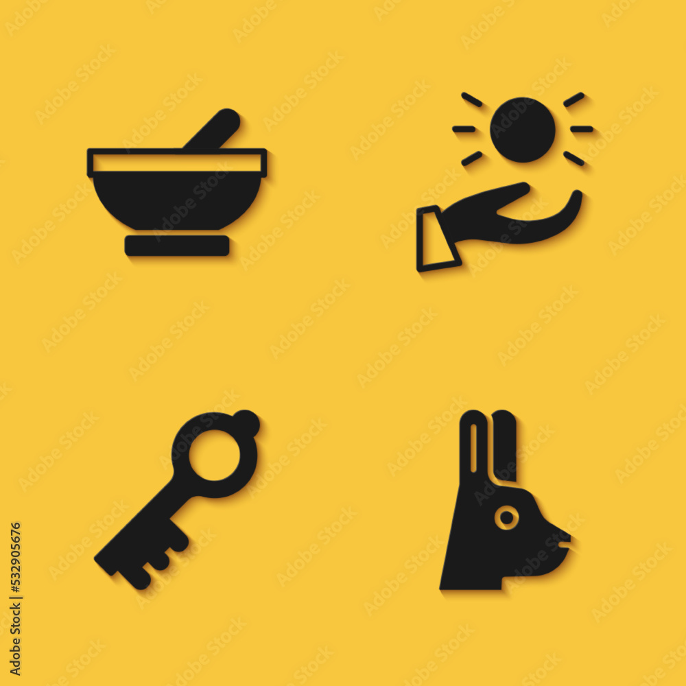 Set Witch cauldron, Rabbit with ears, Old magic key and Ball levitating above hand icon with long shadow. Vector
