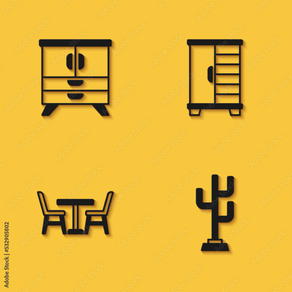 Set Chest of drawers, Coat stand, Table with chair and Wardrobe icon with long shadow. Vector Set Chest of drawers, Coat stand, Table with chair and Wardrobe icon with long shadow. Vector