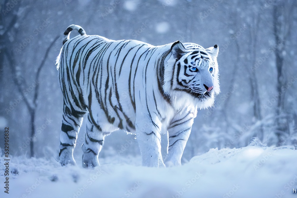 Naklejka premium 3D rendering close up of a big white tiger standing. Bleached tiger of India in a snowy forest and winter background.
